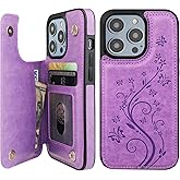 Vaburs Compatible with iPhone 14 Pro Case Wallet with Card Holder,Embossed Butterfly Pattern PU Leather Double Buttons Flip Protective Shockproof Cover for Magnetic Car Mount 6.1 Inch (Purple)