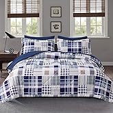 Comforter Set Queen Size Plaid Patchwork Comforter Bedding-7 Piece Bed in a Bag,Soft Fluffy Reversible Microfiber Bedding Set(1 Comforter,1 Flat Sheet,1 Fitted Sheet,2 Pillowcases,2 Pillow Shams),Navy