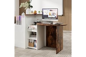 SILKYDRY Reception Desk, Small Retail Checkout Counter with Lockable Drawer and Open Shelves, Wooden Front Desk Reception Counter, Oval Desktop & L Counter for Store Office Lobby Salon (Brown & White)