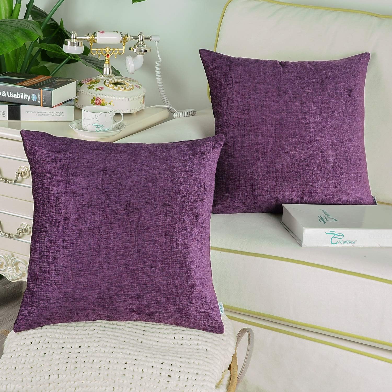 CaliTime Pack of 2 Cozy Throw Pillow Covers Cases for Couch Sofa Home Decoration Solid Dyed Soft Chenille 40cm X 40cm Plum Purple - Image 3