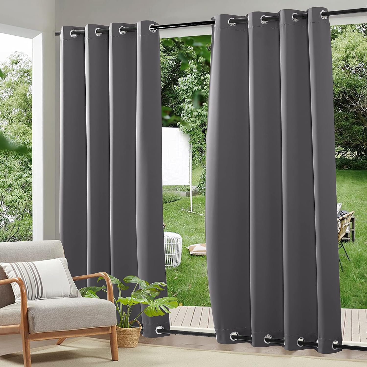 Outdoor Curtains - RYB HOME 2 Panels Weighted Outdoor Curtains - Waterproof Windproof Thermal Insulated Blackout Privacy Curtain for Porch Balcony Cabana, Grey, W52 x L84 inches