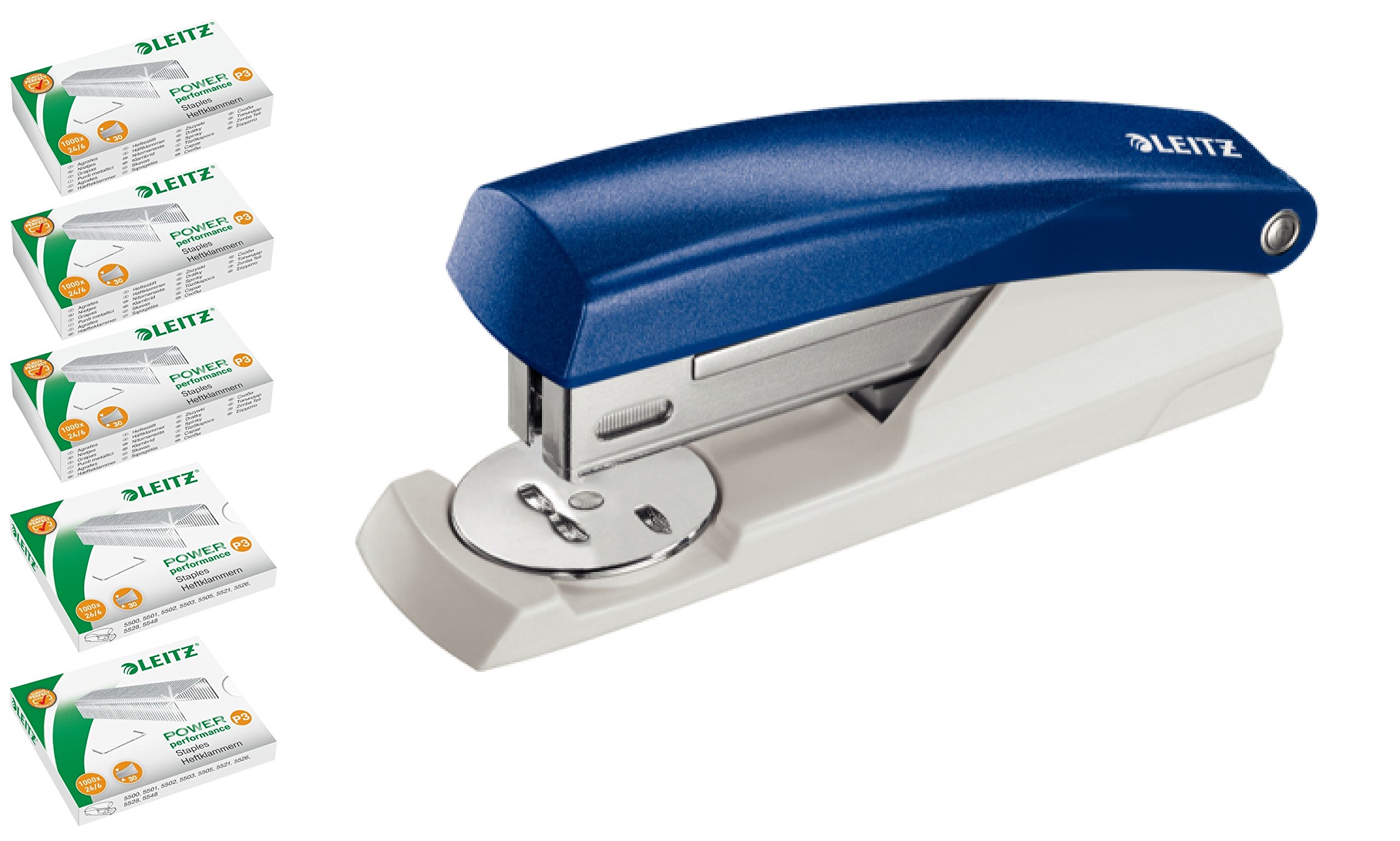 Leitz NeXXt small office stapler wen21550100, 25 sheets, 5 packets of 1000 notebook staples mit extra Heftklammern blue