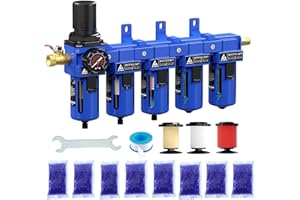 ATINY 3/8'' NPT 5 Stage Air Drying System,5 &0.5 &0.01 Micron Filter Cartridge,Double Desiccant Dryers & Air Regulator,Metal Bowl, Semi-Auto Drain,Industrial Grade-Blue