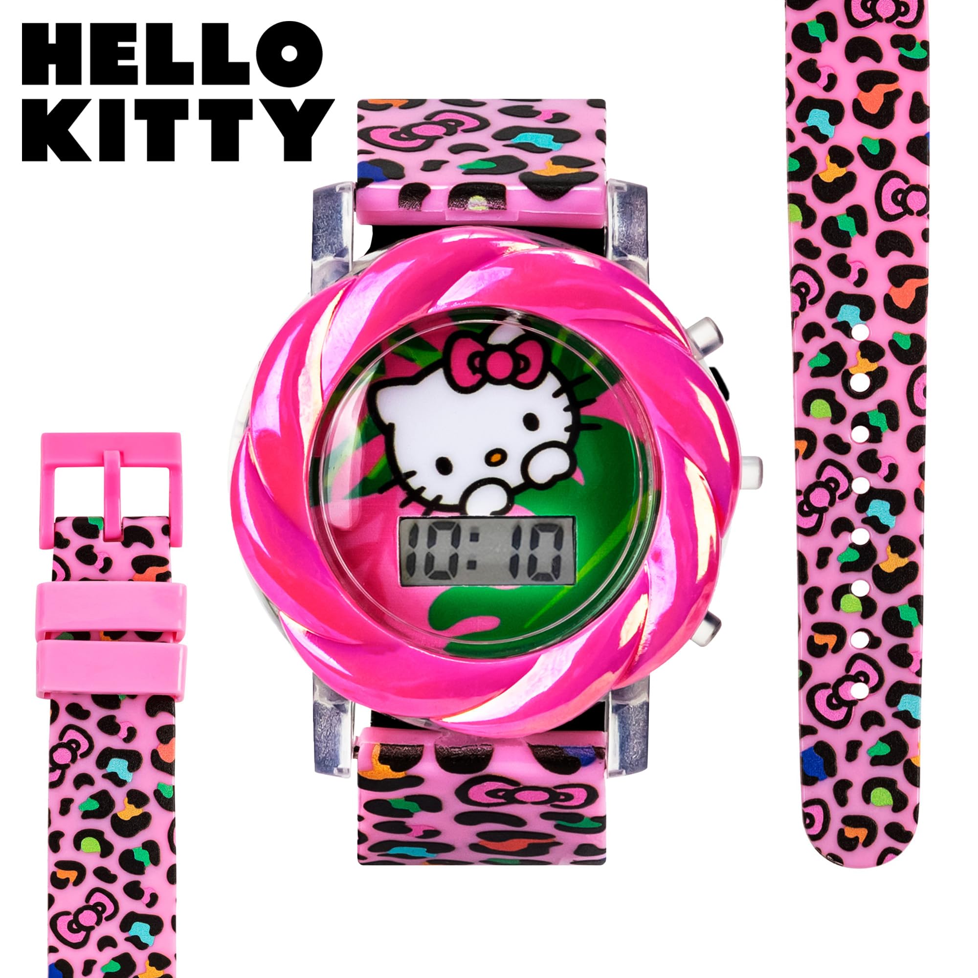 Accutime Hello Kitty LCD Watch for Girls with Flashing LED Lightshow - Vivid Pink Strap, Iconic Hello Kitty Design, Fun Time-Teaching Accessory