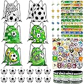 Yeepestmi 110Pcs Soccer Party Favors Drawstring Bags Soccer Goodie Bag with Mini Ball, Wristband, Slap bracelets, Keychains, Stickers for Soccer Party Supplies