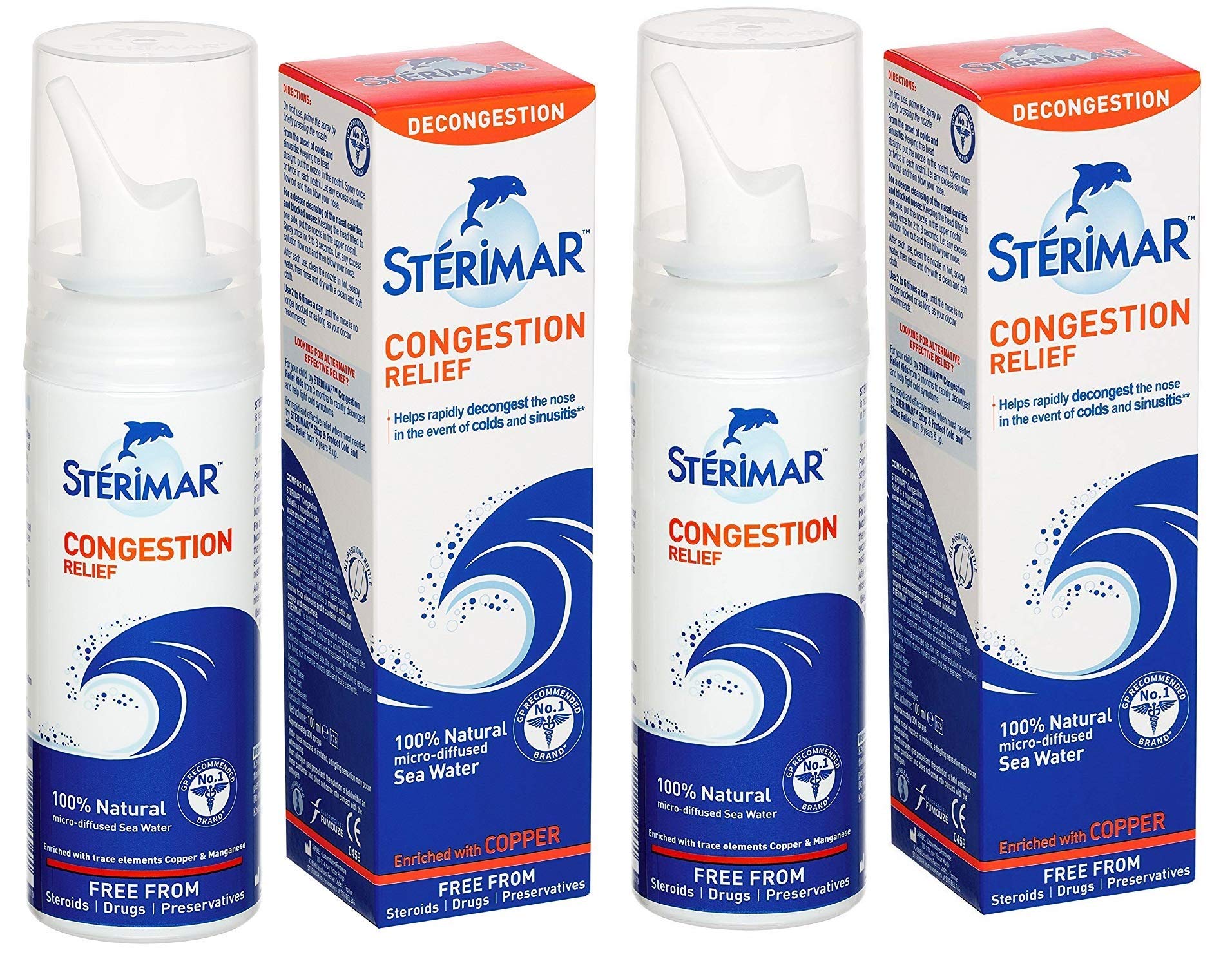 Sterimar - Nasal Spray - Congestion Relief - 100% Natural Sea Water - with Copper & Magnesium - 100ml - 2 Pack