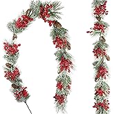 ACRYCS Christmas Garland for Decoration Red Berry Artificial Flowers Vines Christmas Outdoor Faux Greenery Garland Winter Pinecone Snowy Pine Needles Hanging Vine for Mantle Fireplace Party Home Decor