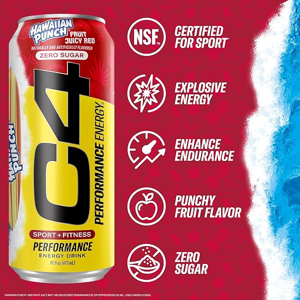 C4 ENERGY DRINK, HAWAIIAN PUNCH FRUIT JUICY RED, CARBONATED SUGAR FREE PRE WORKOUT PERFORMANCE DRINK WITH NO ARTIFICIAL COLORS OR DYES, 16OZ PACK OF 12