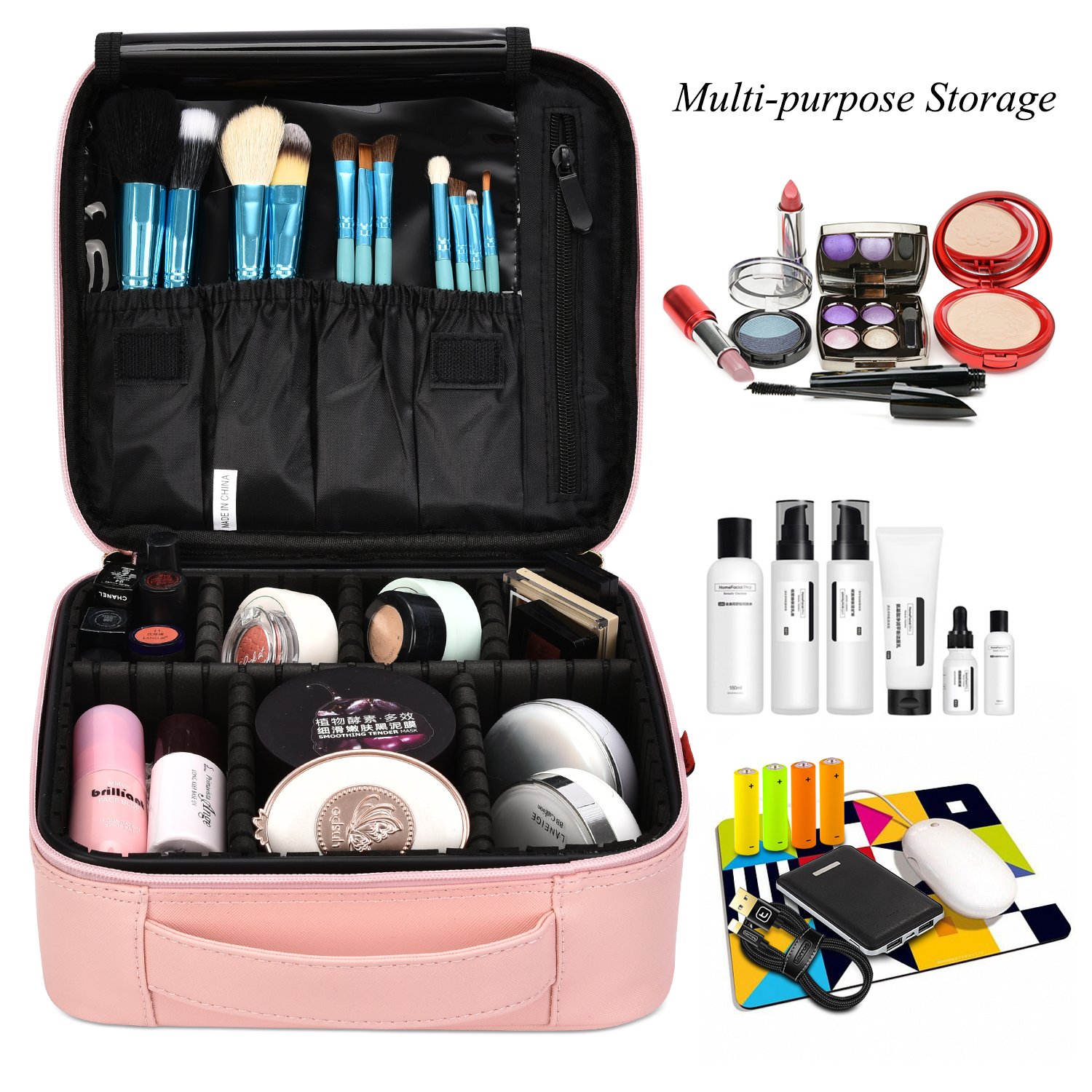 NiceEbag Makeup Bag Travel Cosmetic Bag for Women Cute Makeup Case Large Leather Cosmetic Train Case Organizer with Adjustable Dividers for Cosmetics Make Up Tools Toiletry Jewelry, Rose gold : Beauty