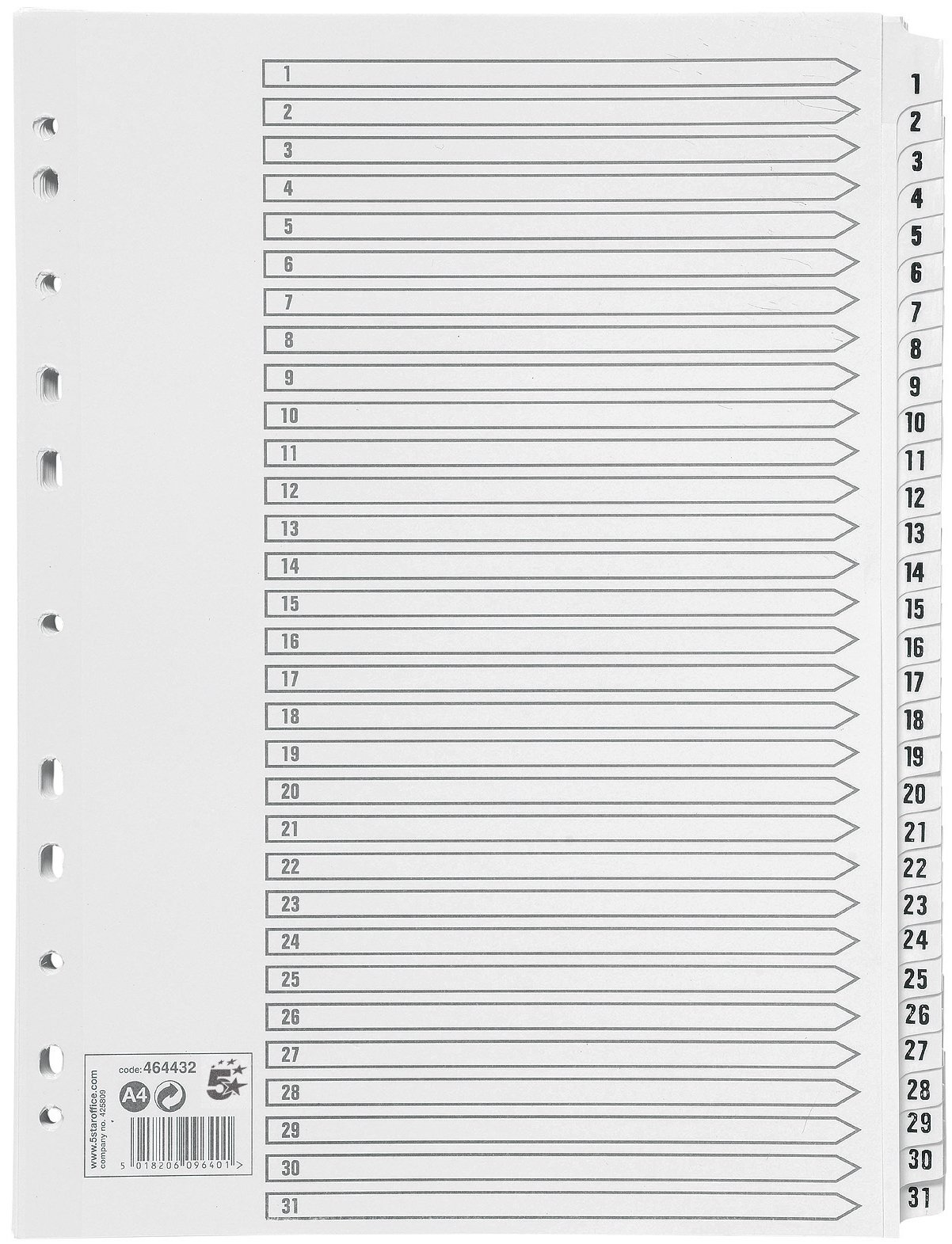 5 Star Index 230 micron Card with Clear Mylar Tabs 1-31 A4 White