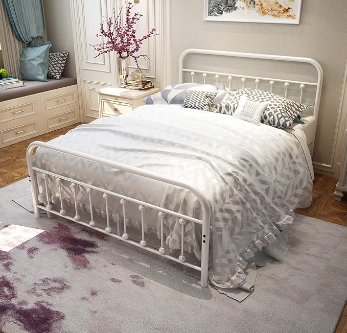 White Metal Bed Frame Queen Size with Headboard and