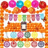 135Pcs Day of the Dead Decorations Dia De Los Muertos Picture Frames Banner | 9 Skull Garland 2 Artificial Marigold 50 Marigold Flowers with Stems 12 Butterflies for ofrenda Altar Diwali Indian Decor