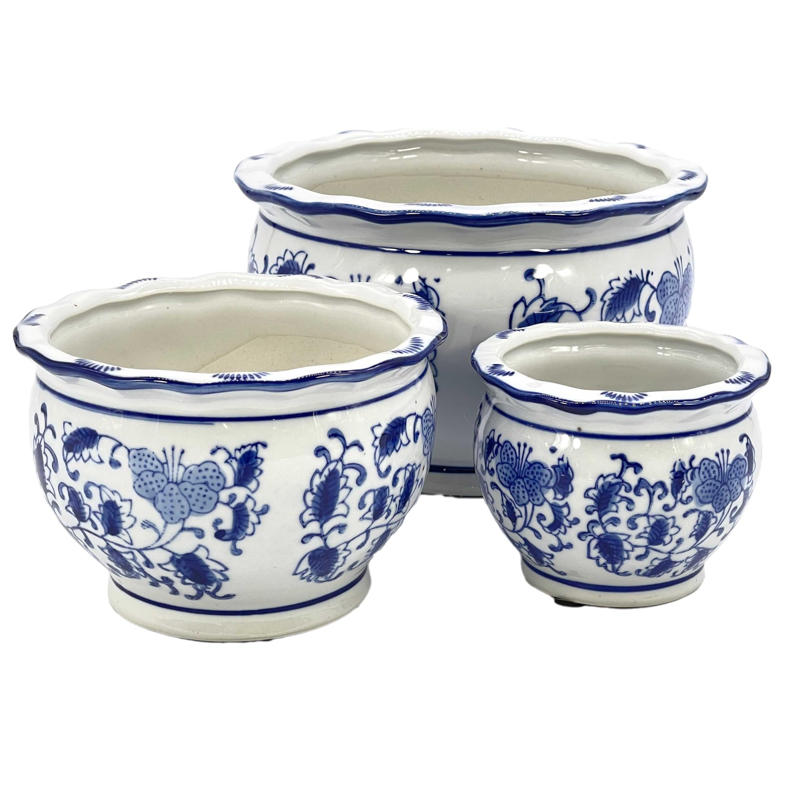 Photo 1 of Galt International Blue & White Floral Porcelain Ceramic Decorative Flower Pot 8"/6"/4.5" Garden Pots Chinese Asian Design - Set of 3 Round
