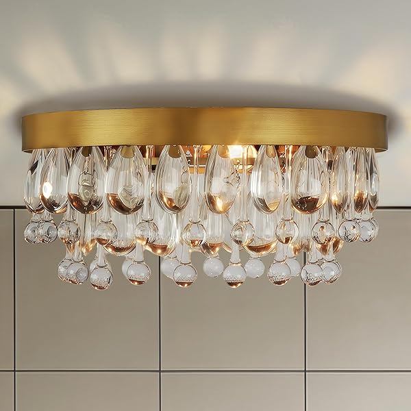 15″ ANTIQUE BRASS ROUND CRYSTAL CEILING LIGHT, LUXURY...