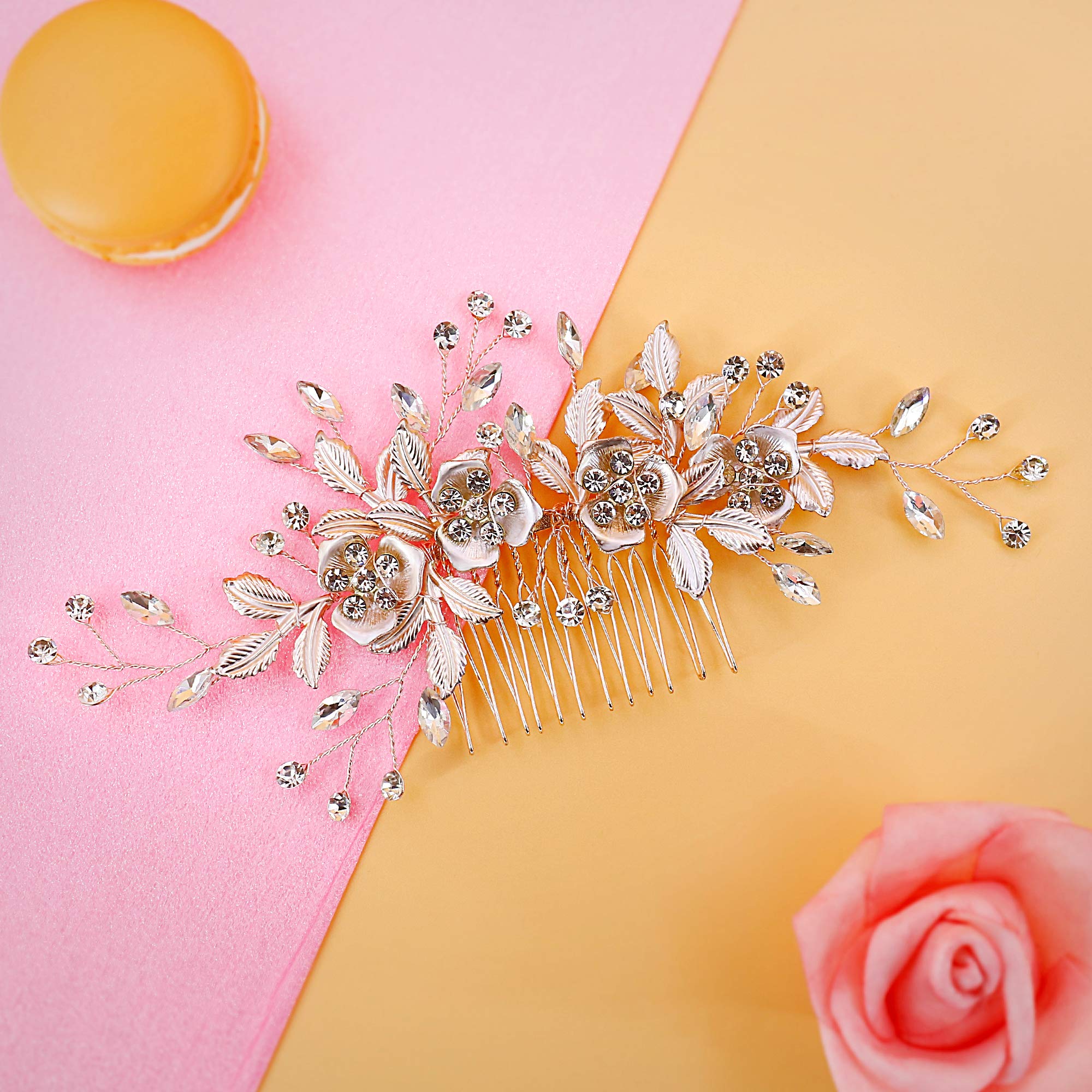 Flower Hair Clip Barrate Birthday Wedding Prom Girl Women Hair Piece Accessory, Leaf Paves, Rose Gold (Rose Gold #2)