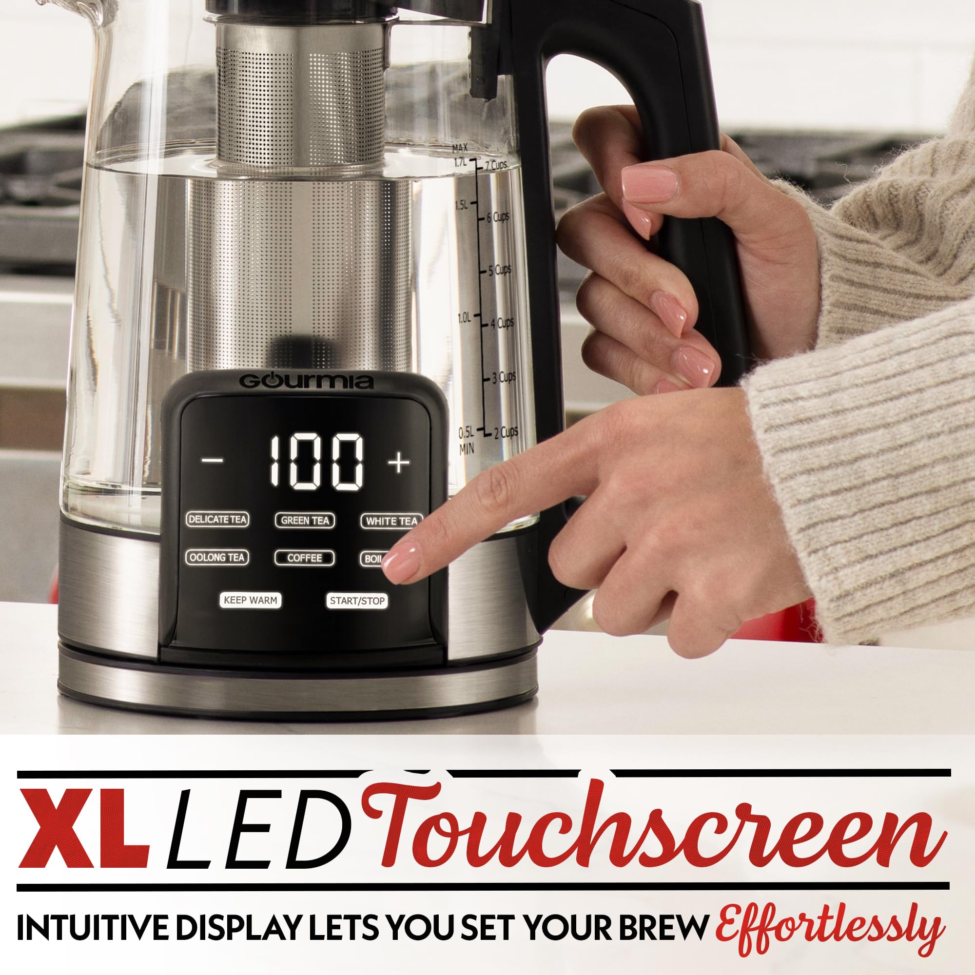 Gourmia Hervidor eléctrico de vidrio programable - Hervidor de té y café con control de temperatura de 1,7 L con pantalla táctil digital, 6 presintonías, mantiene caliente, infusor de acero inoxidable extraíble, base giratoria de 360° - Negro