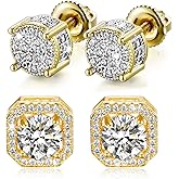 Stud Earrings for Men,18K White Gold Plated Round Square Cubic Zirconia Hypoallergenic Studs Earrings Set for Women