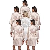 PENGEE 6 Pcs Women's Satin Wedding Party Robe Set Bride Bridesmaid Kimono sets Bridal Shower Getting Ready Silky BathRobe