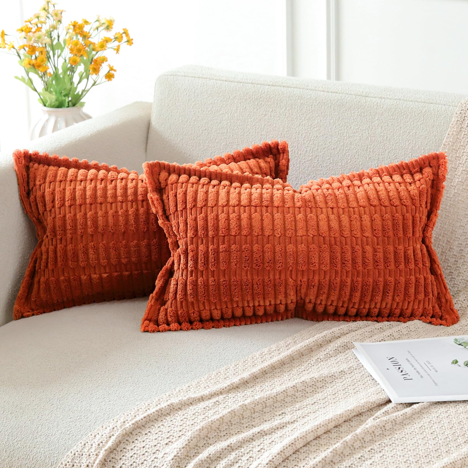 Artscope Orange Cushion Covers Set of 2 Corduroy Decorative Square Striped Pillowcase with Stitched Edge Pillow Covers 40x60cm for Home Decor Sofa Bedroom Car