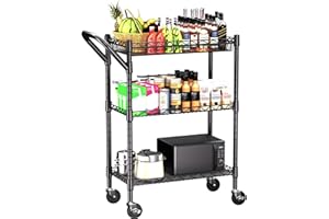REGILLER 3 Tier Heavy Duty Rolling Utility Cart,18" D x 23.8" W x 36.6" H Rolling Carts with Wheels,Commercial Grade Metal with Handle Bar & Shelf Liner,Trolley Serving Storage Cart for Kitchen Black