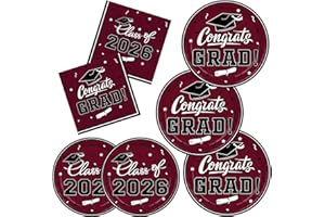 Class of 2026 Graduation Party Supplies - Serve 16 with Maroon Graduation Decorations Disposable Paper Plates and Napkins Set