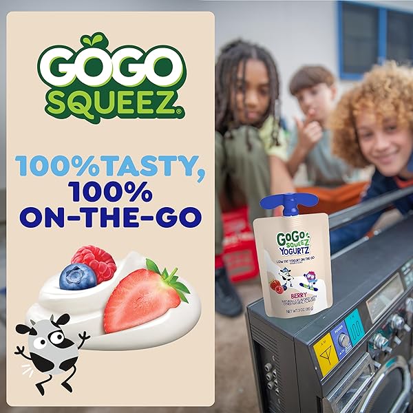 GOGO SQUEEZ YOGURTZ VARIETY PACK, BLUEBERRY & BERRY, 3 OZ (PACK OF 20), KIDS SNACKS MADE FROM REAL YOGURT AND FRUIT, NO FRIDGE NEEDED, GLUTEN FREE, NUT FREE, RECLOSEABLE CAP, BPA FREE POUCHES