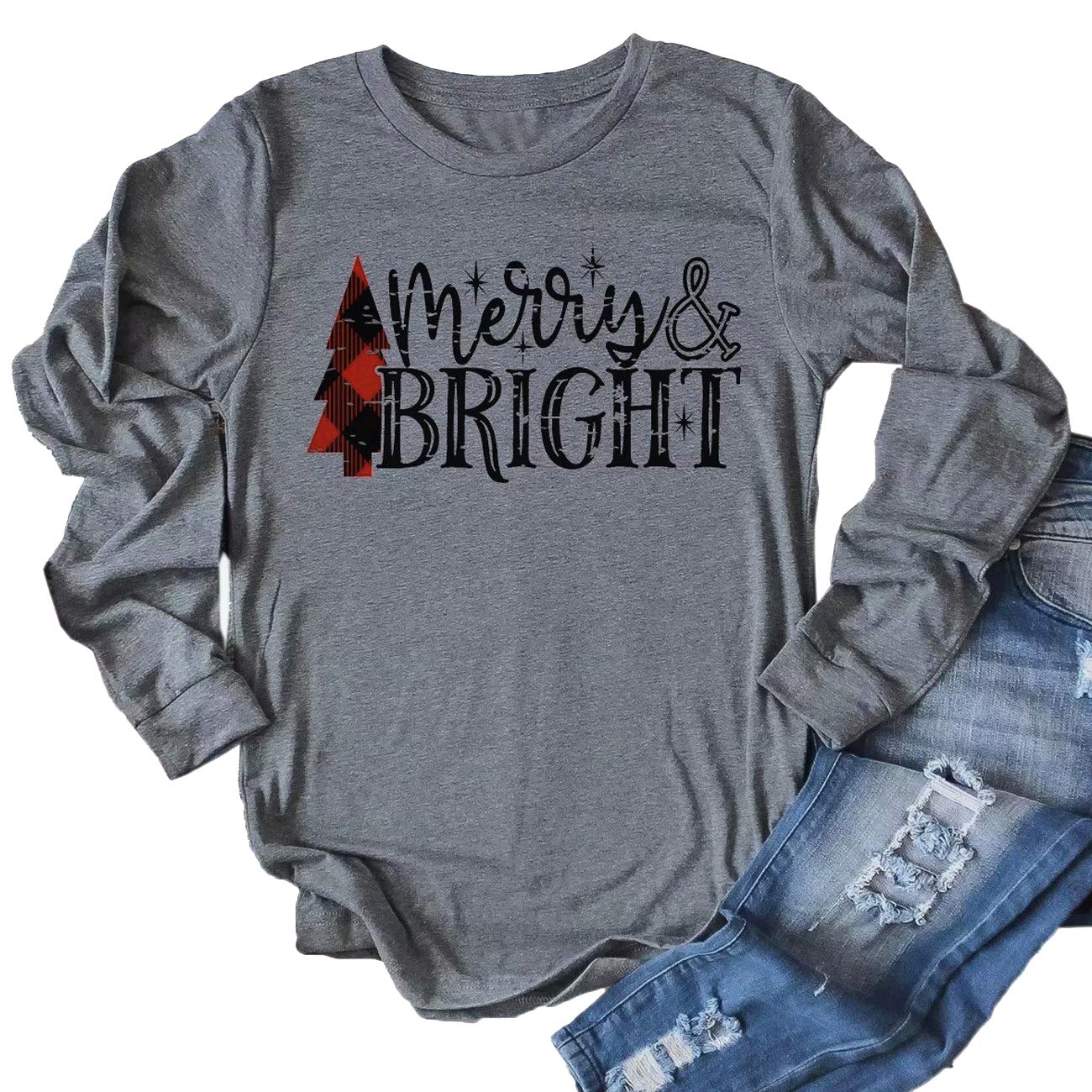 JINTING Merry and Bright Shirts Women Long Sleeve Merry Christmas Tree Graphic Print Tee Shirts Tops Blouse Plus Size