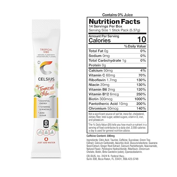 CELSIUS ON THE GO TROPICAL VIBE, SUGAR FREE ENERGY DRINK MIX (14 STICKS PER PACK)