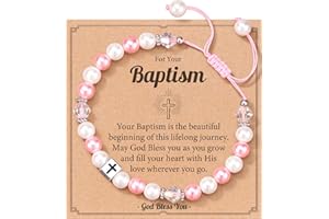 HGDEER Cross Pink Pearl Adjustable Bracelet for Girls, First Communion, Baptism, Confirmation Christian Gifts for Little Girls Jewelry Easter Gifts for Godchild