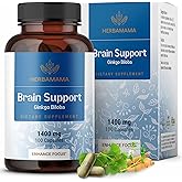HERBAMAMA Brain Support Capsules - 1400mg Brain Support Supplement for Adults with Bacopa, Panax Ginseng and Ginkgo Biloba - Vegan, Non-GMO Focus Supplement, 100 Caps