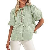 PRETTYGARDEN Women's Tie Front Striped Shirt 2026 Summer Trendy Fashion Cute Babydoll Tops Peplum Puffy Sleeve Blouse