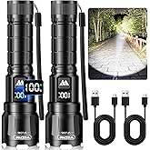 Wdtpro LED Rechargeable Flashlight 2Pack, 3Modes Super Bright High Lumens Flashlights, Zoomable Tactical Flashlight with LCD Display, IP65 Waterproof Flashlights for Home Emergency Camping & Gifts Men