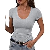 GEMBERA Womens' Stretchy V Neck Short Sleeve Form Fitted Casual Basic Top T-Shirts