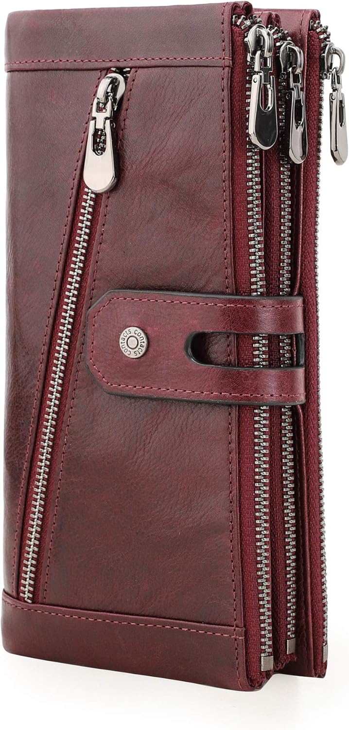 CONTACTS RFID Women Genuine Leather Zipper Button Long Wallet Lady Card Coin Holder Pocket Phone Clutch Purse (Wine Red)