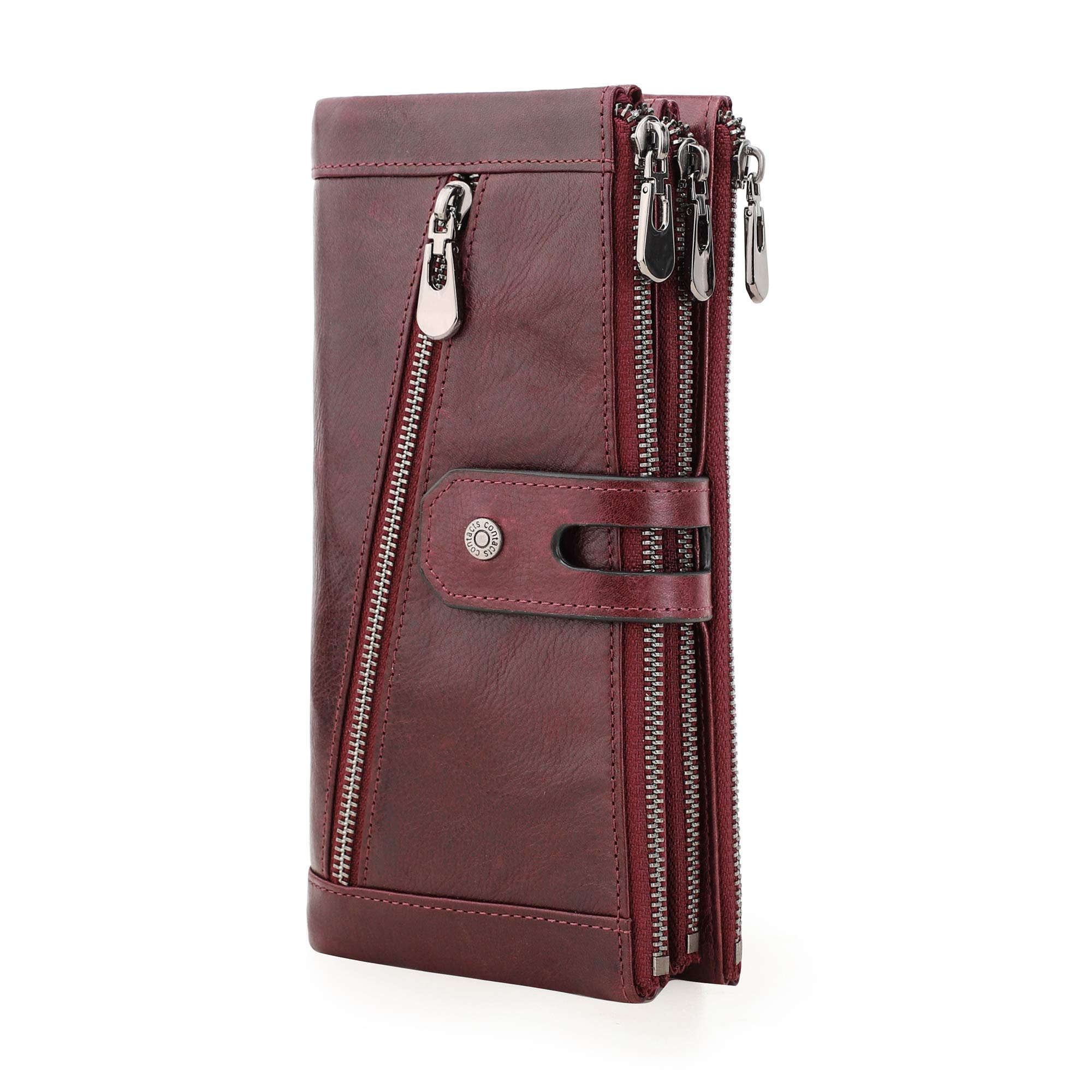 CONTACTS RFID Women Genuine Leather Zipper Button Long Wallet Lady Card Coin Holder Pocket Phone Clutch Purse (Wine Red)