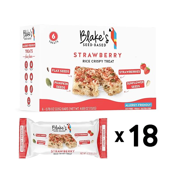 BLAKE’S SEED BASED RICE CRISPY TREATS – STRAWBERRY (18 COUNT), NUT FREE, GLUTEN FREE, DAIRY FREE & VEGAN, HEALTHY SNACKS FOR KIDS OR ADULTS, SCHOOL SAFE, LOW CALORIE ORGANIC FRUIT FLAVORED SNACK