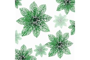 Wironlst 24 Pieces Glitter Poinsettia Flowers Christmas Tree Ornaments, Glitzy Poinsettia Bushes Christmas Decorations for Xmas/Holiday/Seasonal/Wedding (Green)