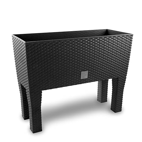 Rattan Optik Blumenkübel 60 cm Anthrazit + Standfuß + Wasserstandsanzeiger