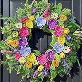 Spring Wreath for Front Door - 24 Inch Spring Door Wreath with Eucalyptus & Wild Blooms for Indoor Outdoor Wall Porch Mantel,Yellow & Pink Spring and Summer Wreath