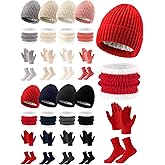 Silicherry 32 Pcs Kids Winter Hat Gloves Scarf Socks Set Knit Beanie Hat Neck Warmer Mittens Socks for 6-11 Boys and Girls Homeless