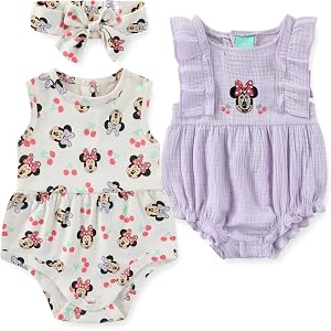 Disney Minnie Baby Girls 2 Pk Sleeveless Rompers with Headband Set Infants