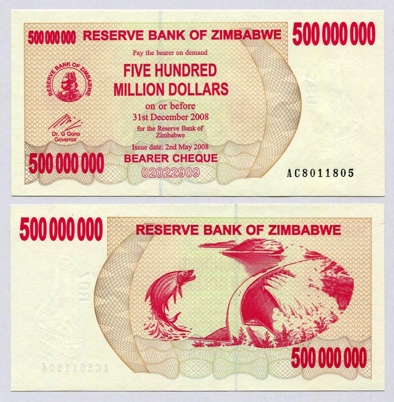 Zimbabwe 500 Million Dollars x 10 pcs 2008 P60 consecutive UNC currency bills, Multicoloured, 75x150 mm - Image 3