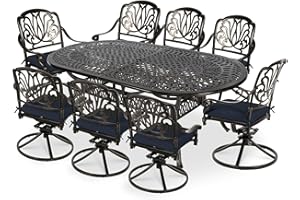 VIVIJASON 9-Piece Patio Furniture Dining Set, All-Weather Cast Aluminum Outdoor Conversation Set, Include 8 Swivel Dining Chairs and an Oval Table with Umbrella Hole, Navy Blue Cushion