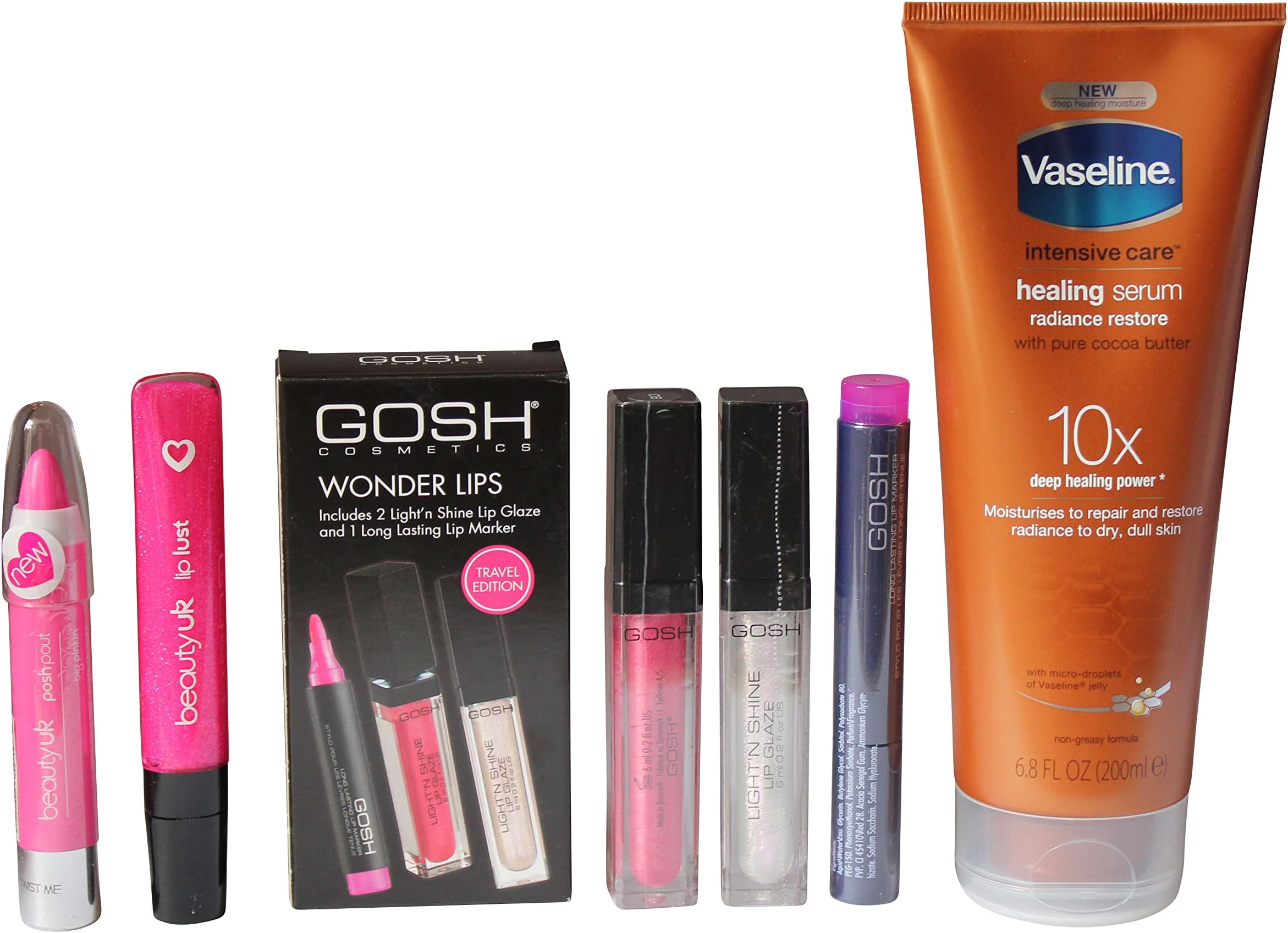 Skin & Lip Care Therapy Bundle – Vaseline Healing Serum + Beauty UK Lipgloss & Lip Balm + Gosh Wonderlips