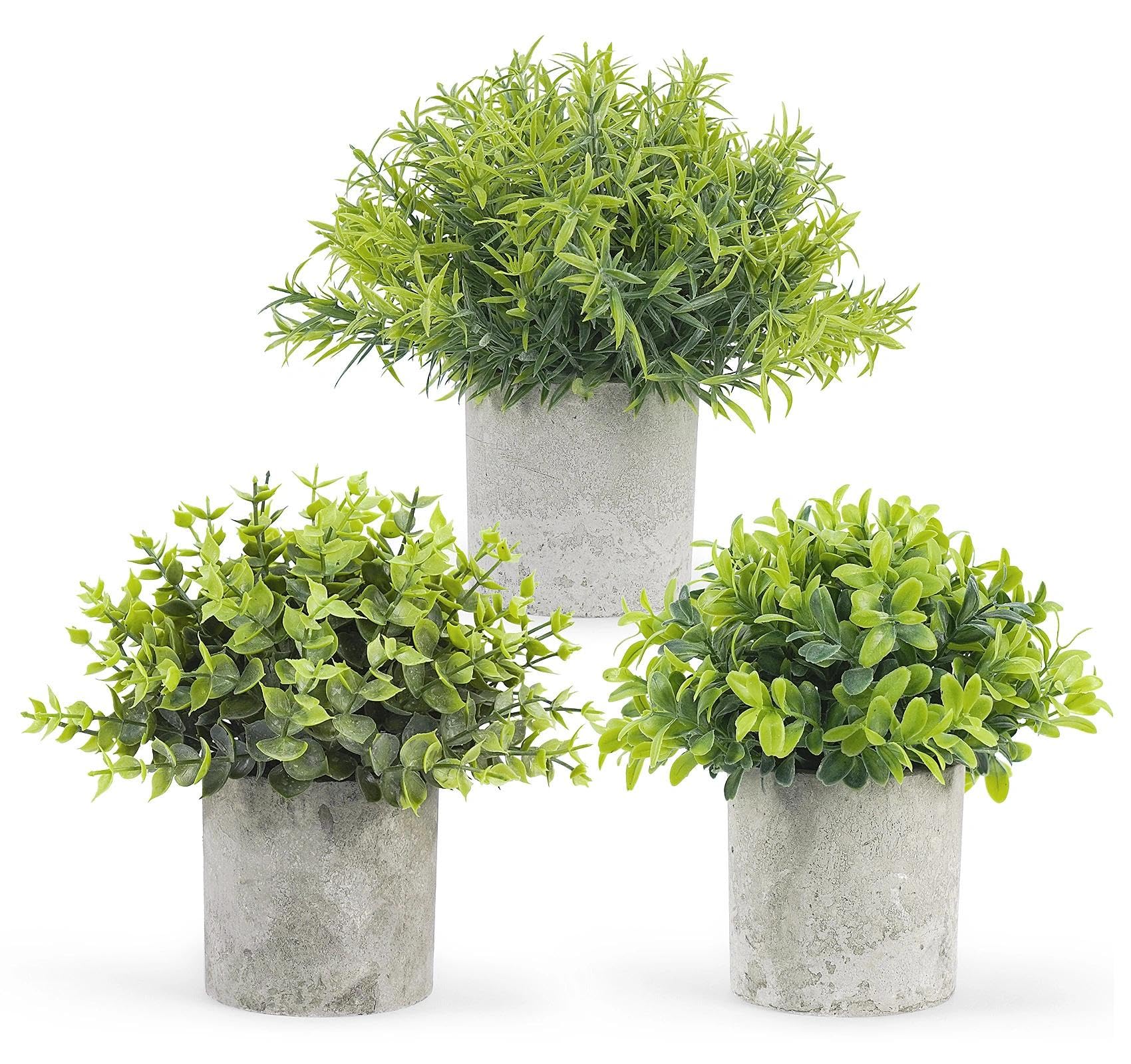 ilauke Fake Plants Pot 3PCS, Artificial Plastic Eucalyptus Plants Faux Rosemary Mini Potted for Indoor Kitchen Office Desk Window Sill Decorations