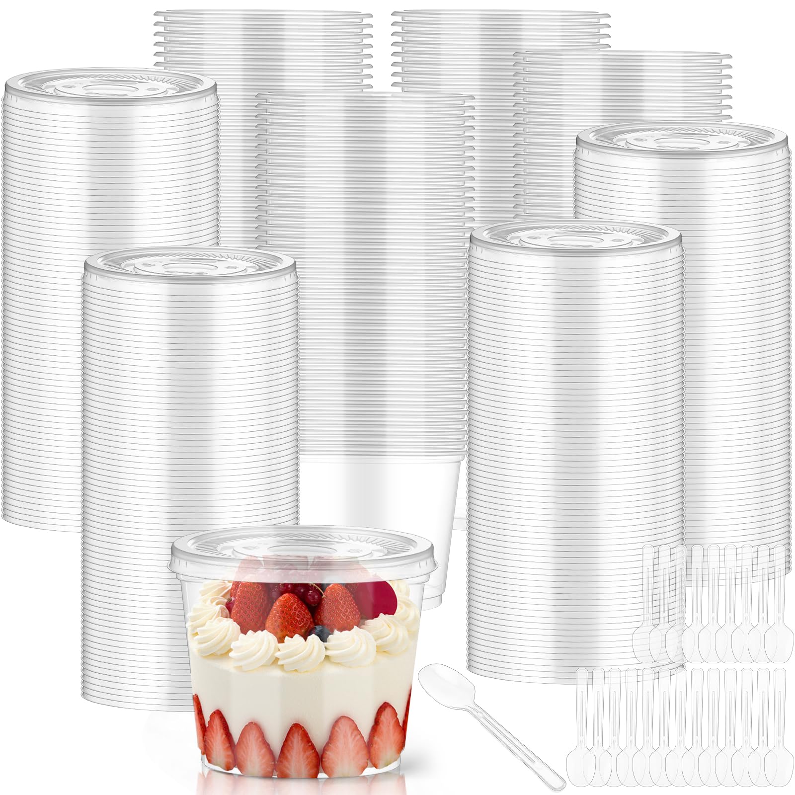Photo 1 of Jingmore 400 Pcs 9 oz Plastic Dessert Cups with Lids,200 Pcs Clear Disposable Parfait Fruit Cups and 200 Spoons,Appetizer Party Containers for Yogurt Puddings Ice Creams Cake Cold Drink (Flat)