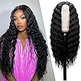 Mairead 28 Inch Long Curly Synthetic Lace Front Wigs for Black Women Loose Deep Wave Black Synthetic Wig Middle Part 4" Simulated Scalp Small Lace Front Wigs Natural Looking Crimps Curls Wig