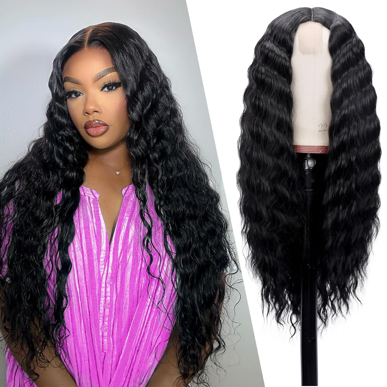 Photo 1 of Mairead 28 Inch Long Curly Synthetic Lace Front Wigs for Black Women Loose Deep Wave Black Synthetic Wig Middle Part 4" Simulated Scalp Small Lace Front Wigs Natural Looking Crimps Curls Wig