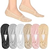 JIEYAO 6 Pairs Women No Show Lace Ankle Socks, Cotton Boat Socks Invisible Non-slip Ankle Sock Multicolor Low Cut Liner