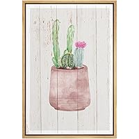 SIGNWIN Framed Canvas Print Wall Art Tall and Short Potted Cacti with Pink Flowering Blossoms Floral Plants Drawings Folk Art Chic Whimsical Pastel for Living Room, Bedroom, Office - 16